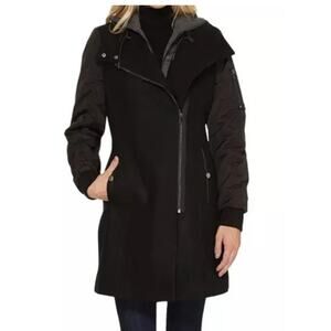 Andrew Marc New York Rowan Pressed Wool Asymmetrical Hoodie Contrast Sleeve M/L